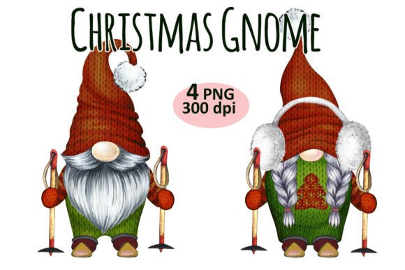 Christmas Ski Gnome Clipart PNG Set: Festive Illustrations