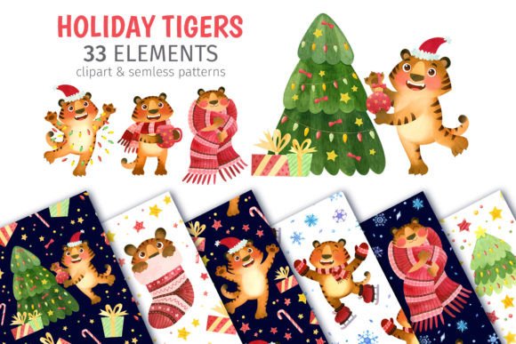 Christmas Tigers Clipart Patterns & Illustrations