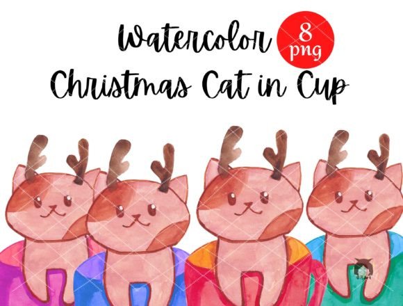 Watercolor Christmas Cat in Cups: Festive Illustrations